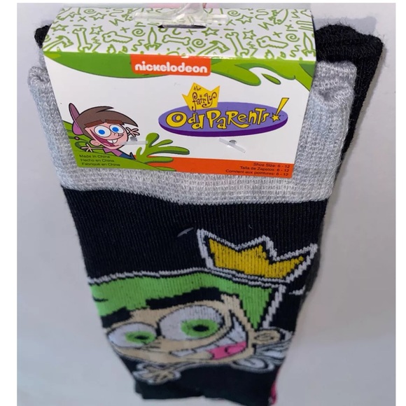 The Fairly Odd Parents! Crew Socks 2 Pair Men 6-12 Black Gray w Cosmo Wanda Nick - Picture 12 of 12